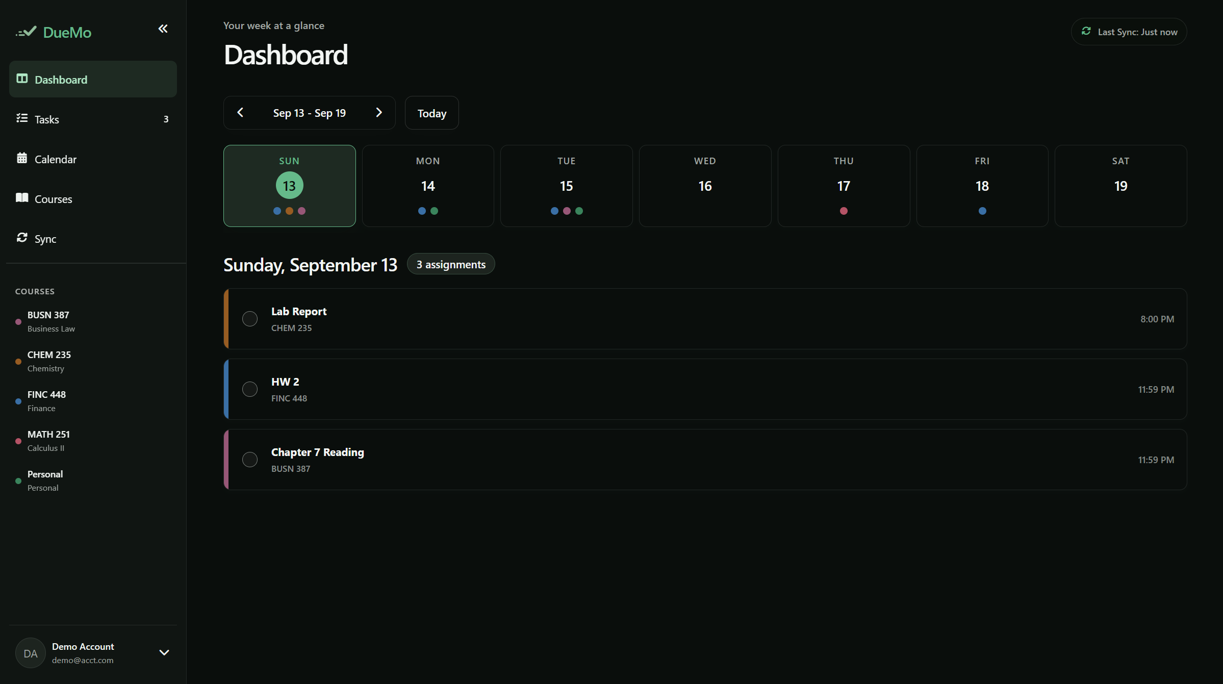 DueMo dashboard showing assignments and weekly planning